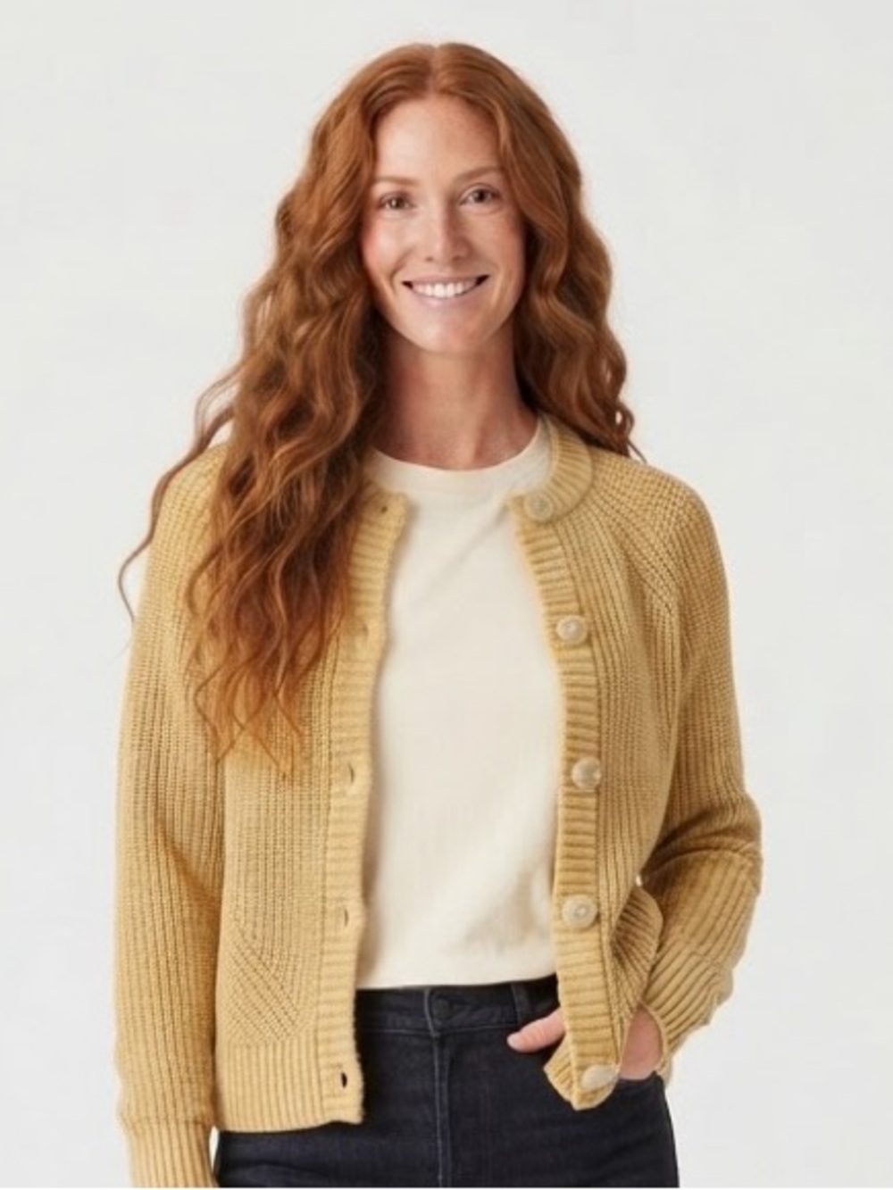 Faherty Sunwashed Fisherman Cardigan Mustard Yellow 100% Organic Cotton Small